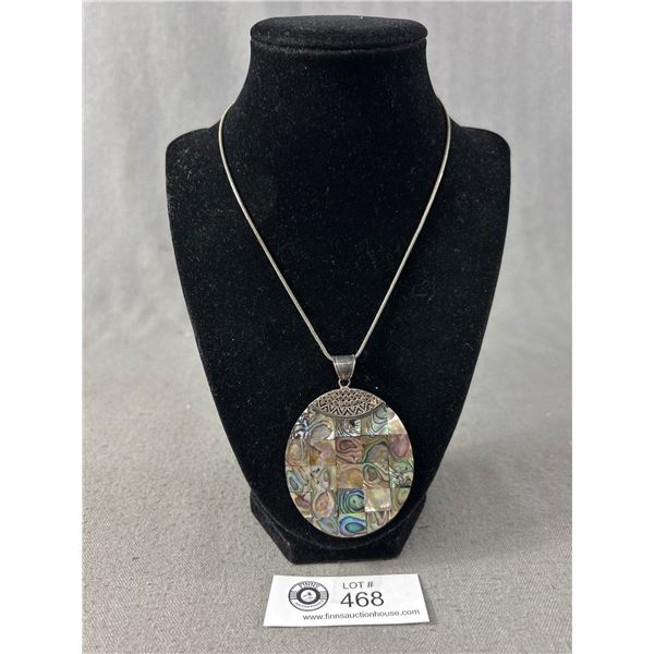 Vintage Large Sterling Silver Abalone Pendant Marked 925 with Chain Necklace