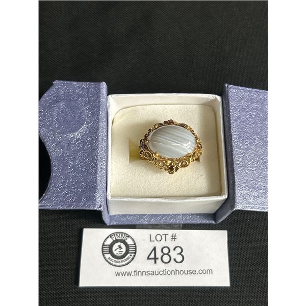 Spectacular Gold Plated and Striped White Onyx Ring. Very Nice