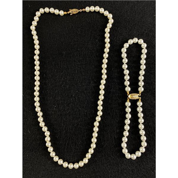 Very Classy, Vintage Hand Knotted Faux Pearl Necklace 23" L with Interesting Double Strand Bracelet