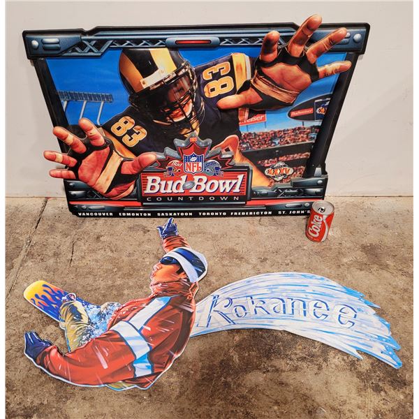 Metal Kokanee Snowboarding Advertising Sign & Budweiser NFL Advertising Sign