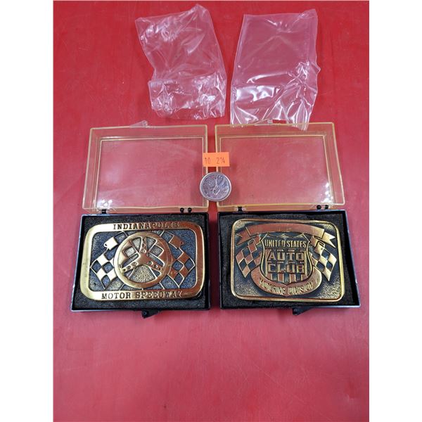 2 NOS Solid Brass Indianapolis Motor Speedway & US Auto Club Belt Buckles Made in USA