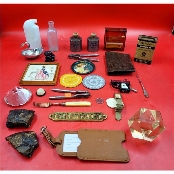 VTG Miscellaneous Lot w/ Watkins Ginger Tin, Nutcrackers, Brass Captain Plaque, & More