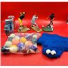 Image 1 : Baseball/Soccer Figurines, Pool Balls, Cookie Monster Mat & Collector's Robot