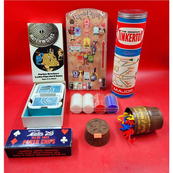 Assorted VTG Toys (Parker Bros. Leaky Pipe Card Game, Pop-A-Puppet, The Original Tinkertoy, etc.)