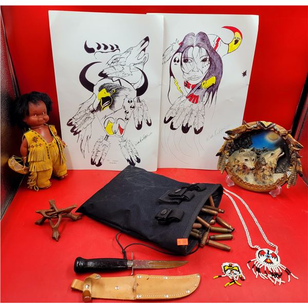 VTG First Nations Art, Doll, Wolf Décor, Jewelry, Bullets & Décor