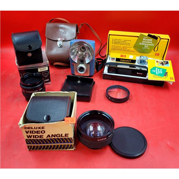 Kodak Pocket Instamatic Camera, Brownie Starflash Camera, Camera Lenses, & Carrying Cases