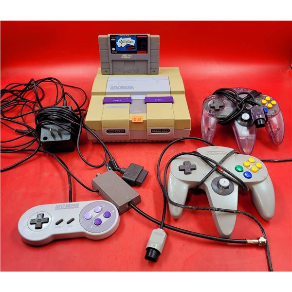 Super Nintendo Entertainment System w/ Controller, Super Solitaire Game, & Nintendo 64 Controllers