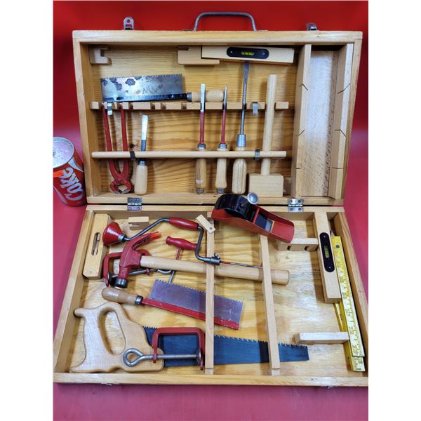 Wooden Case of Assorted Tools (Wood Plane, Screwdrivers, Saw, etc.)