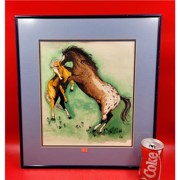 Framed & Signed "Horse Play" Watercolor Painting