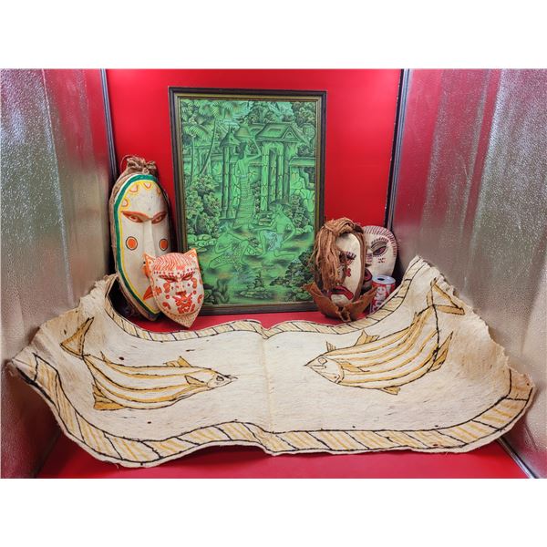 Handmade Wooden Mexican Masks, Fish Painting on Papyrus, & Balinese Print
