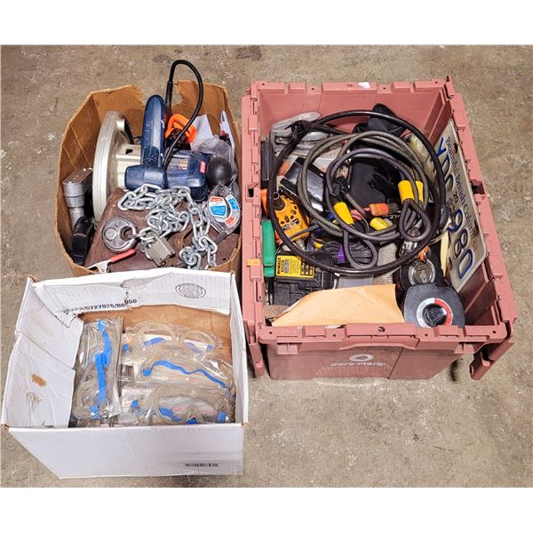 Assorted Tool & Hardware Lot w/ Safety Goggles, Ryobi Circular Saw, DeWalt Charger, & More