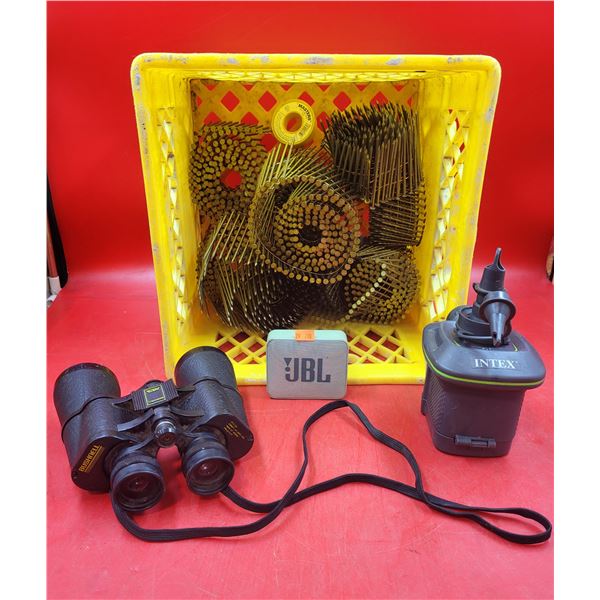 Bushnell Binoculars, Gold-Coloured Nails, JBL Bluetooth Portable Speaker, & Intex Air Pump