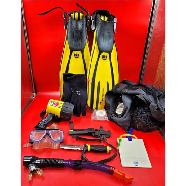 Diving Gear Lot w/ Snorkel, Goggles, Flippers, & More