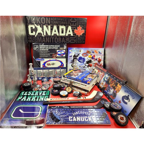 Large Lot Of Hockey Books, Pucks, Sticks & Apparel