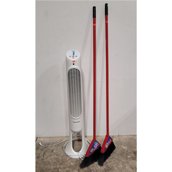 2 Plastic Brooms & Honeywell Stand Up Fan