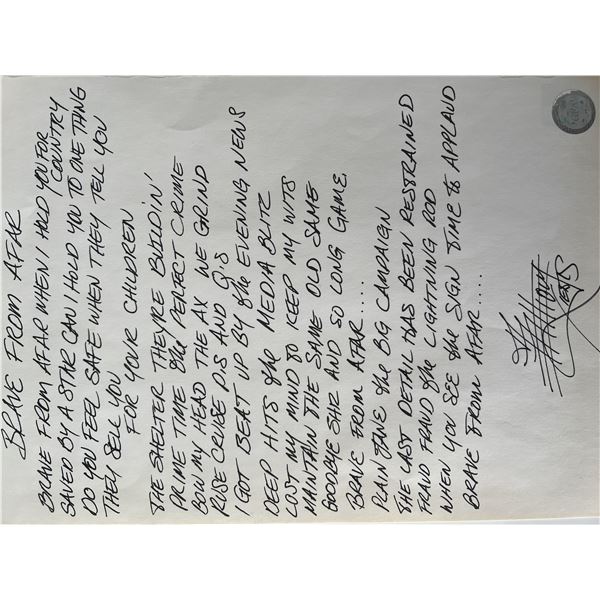 Red Hot Chili Peppers Brave From Afar Anthony Kiedis handwritten signed lyrics- GFA authenticated