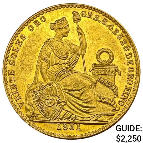 1951 Peru .2709oz Gold 20 Soles