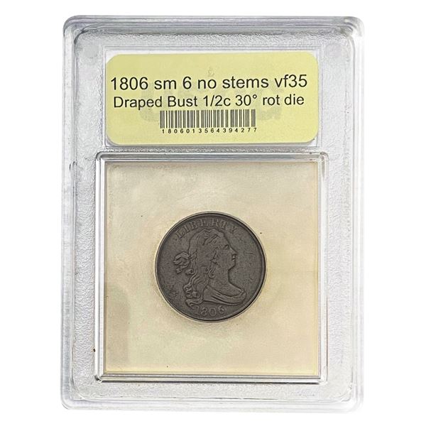 1806 Sm 6 No Stems Draped Bust Half Cent USCG VF35