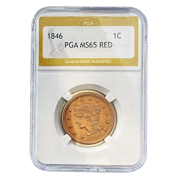 1846 Braided Hair Large Cent PGA MS65 RD