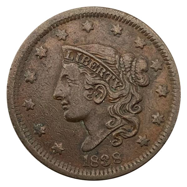 1838 Coronet Head Large Cent VF