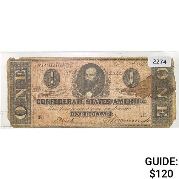 1864 $1 Confederate States of America Note