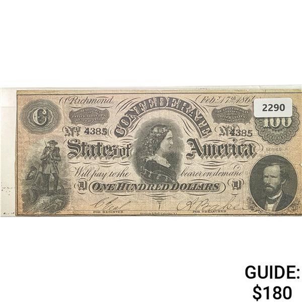 1864 $100 Confederate States Note-Treasury Stamp