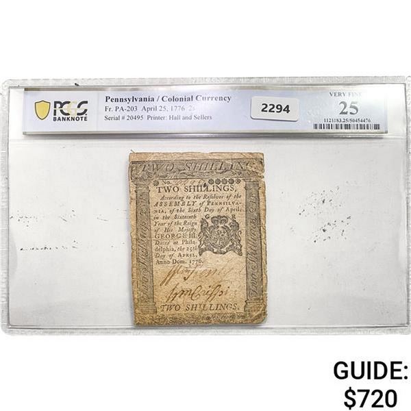 1776 2s Pennsylvania/Colonial Currency PCGS VF 25