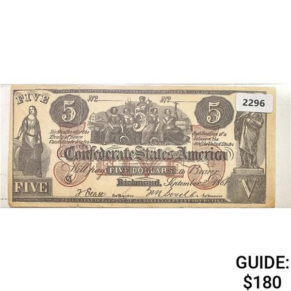 1861 $5 Confederate States of America Note
