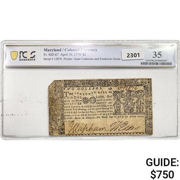 1774 $2 Maryland/Colonial Currency PCGS 35