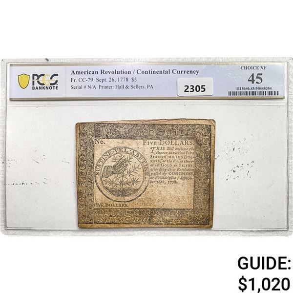 1778 $5 American Revolution/Continental Currency