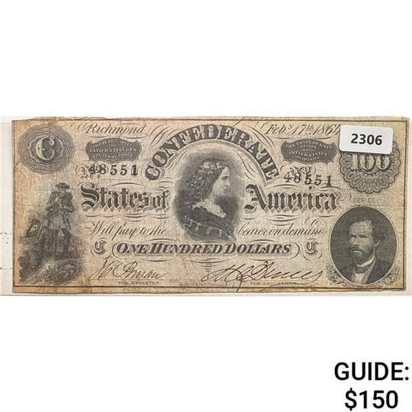 1864 $100 Confederate States of America Note T-64