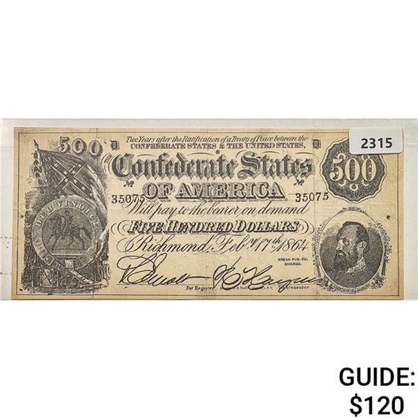 1864 $500 Confederate States of America Note