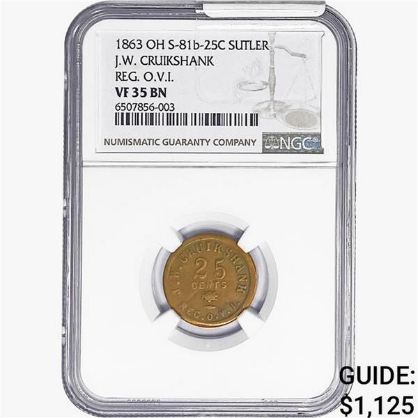 1863 OH Token REG OVI S-81b-25C Sutler NGC VF35 BN