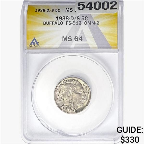 1938-D/S Buffalo Nickel ANACS MS64 FS-512 OMM-2