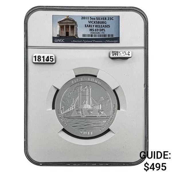2011 Silver 5 oz 25c Vicksburg NGC MS69 DL