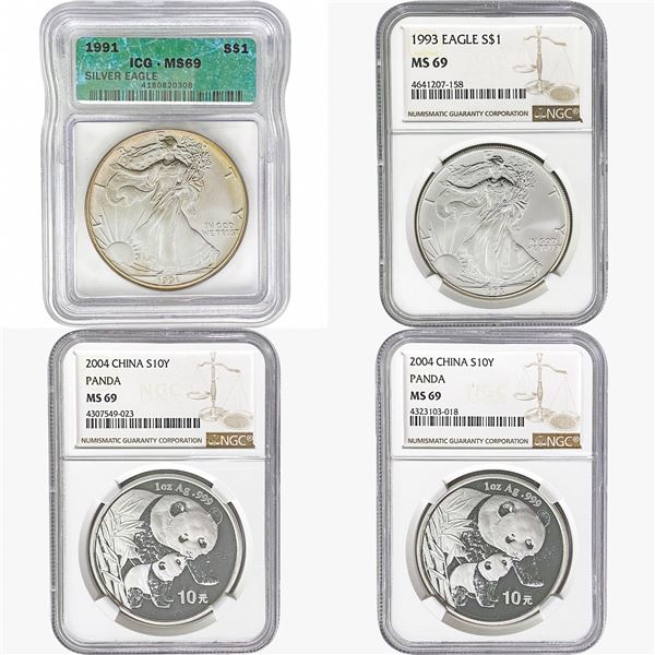 1991-2004 US Silver Eagle and Chinese Panda Lot [4 Coins] NGC/ICG MS69