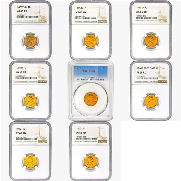 1909-1963 Gem BU Red Lincoln Wheat Cent Lot [8 Coins] PCGS/NGC MS/PF63-68