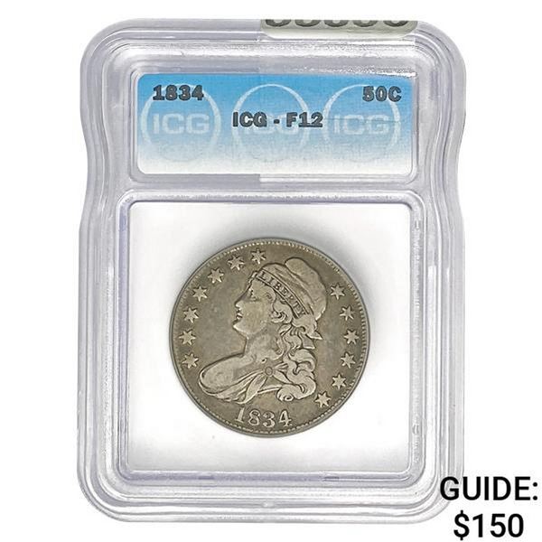 1834 50C Capped Bust Half Dollar ICG F12