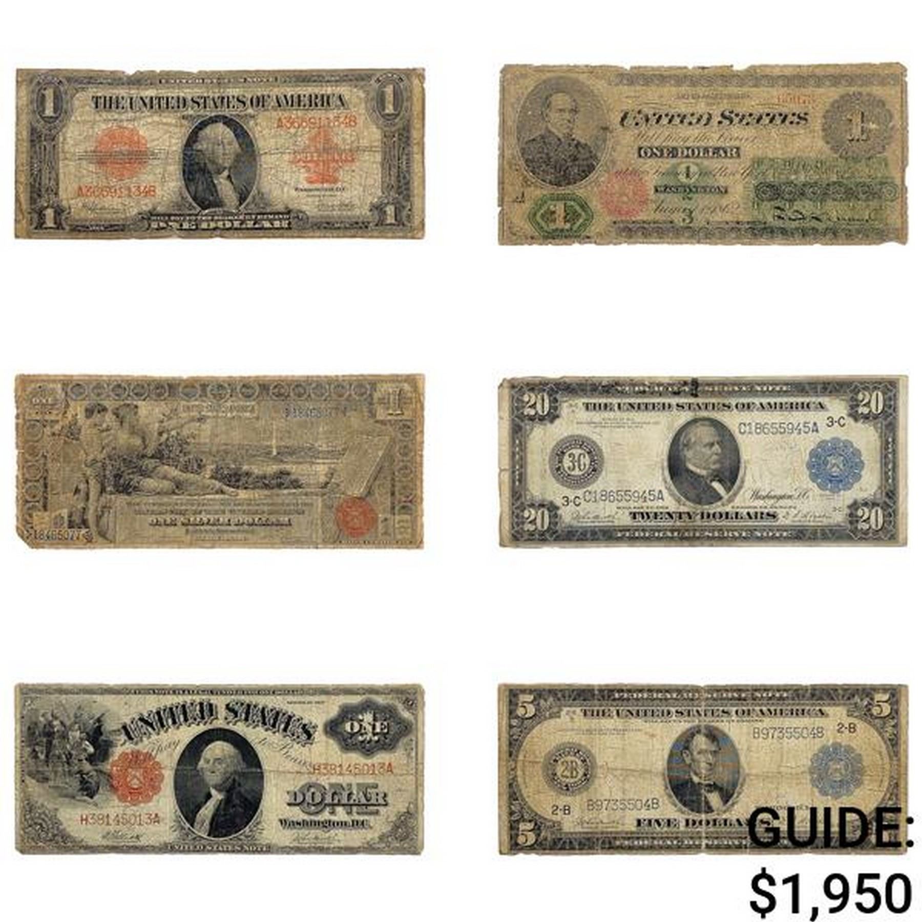 LOT OF 6 MIXED LARGE SIZE CURRENCY NOTES 1862-1923
