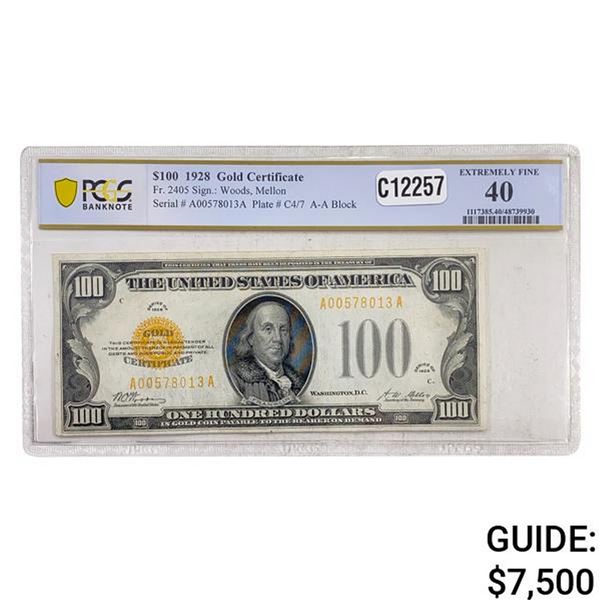 1928 $100 GOLD CERTIFICATE PCGS EXTREMELY FINE-40