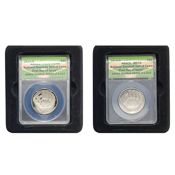2014 Baseball HOF Commemorative Half Dollars [2 Coins] ANACS MS/PF70