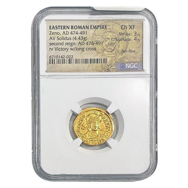 East Roman Zeno, AD 474-491 Gold Solidus NGC Ch XF