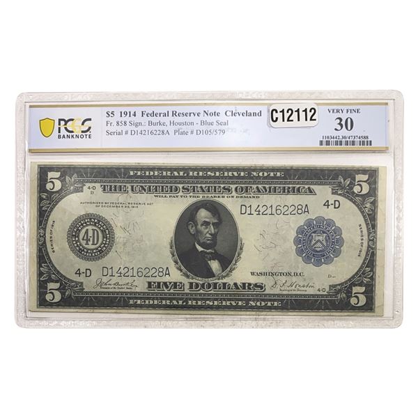 1914 $5 Federal Reserve Note Blue Seal PCGS VF30