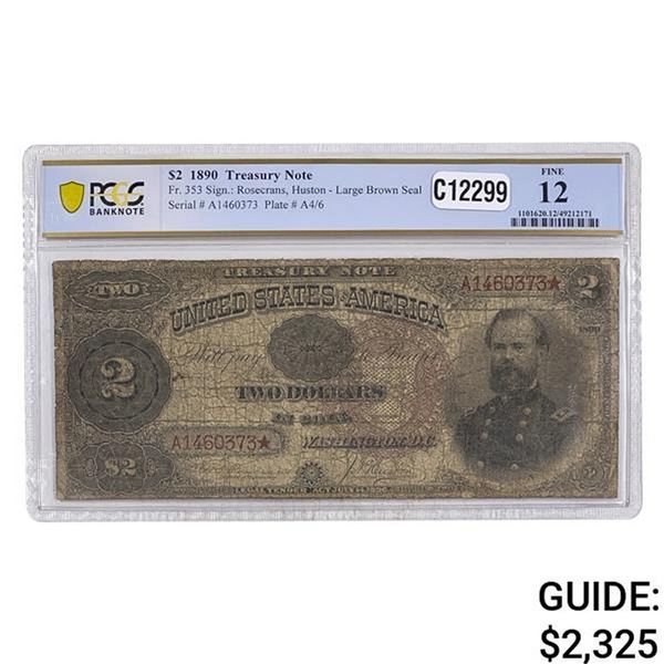 1890 $2 "MCPHERSON" TREASURY NOTE PCGS FINE-12