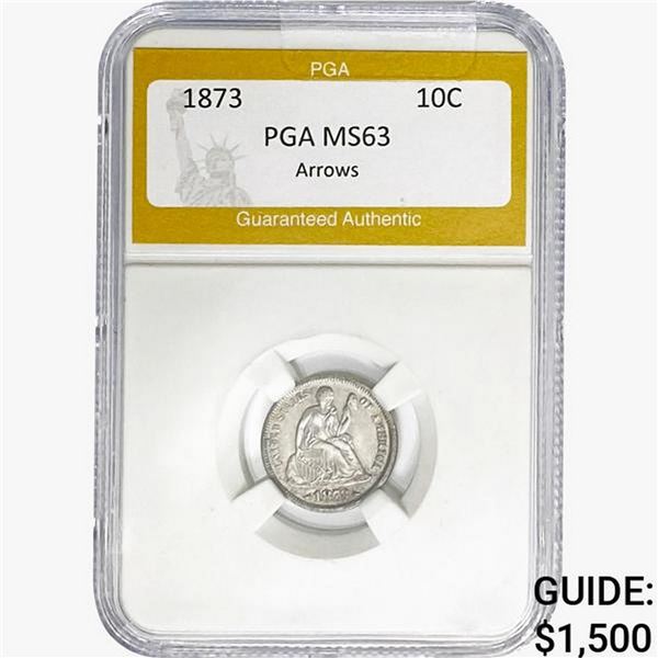 1868 ARROWS Seated Liberty Dime PGA MS63