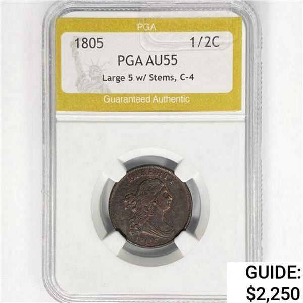 1805 Draped Bust Half Cent PGA AU55 Lg 5 w/ Stems, C-4
