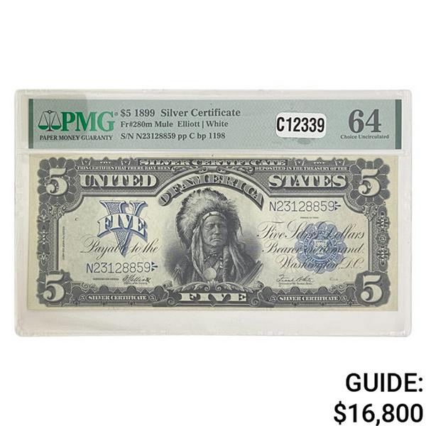1899 $5 "CHIEF" SILVER CERT PMG UNCIRCULATED-64