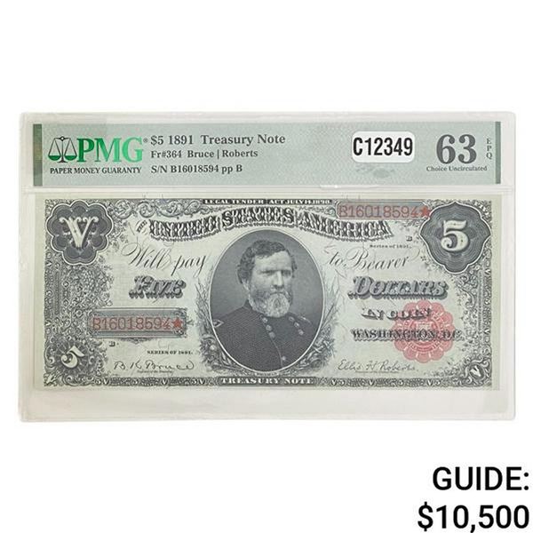 1891 $5 "THOMAS" TREASURY NOTE PMG UNC-63EPQ