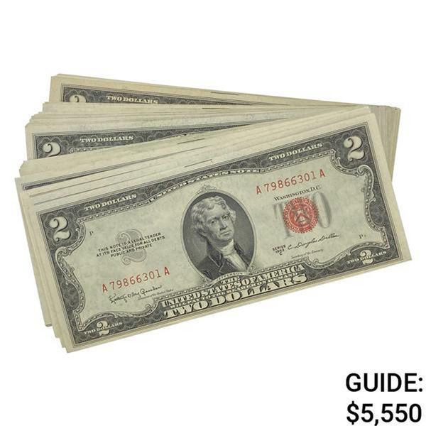 LOT OF (100) 1953 $2 LEGAL TENDER USN'S GEM UNC