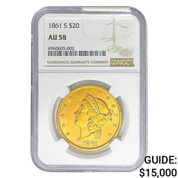 1861-S $20 Gold Double Eagle NGC AU58
